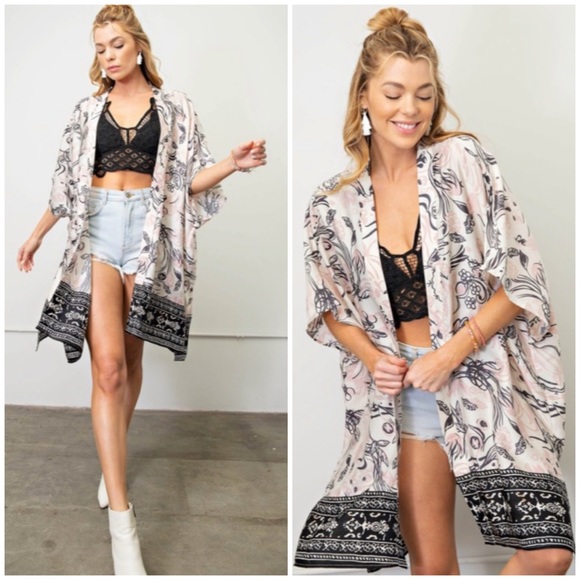 Tops - SOLD OUT Pink Combo Floral Border Print Open Kimono Wrap Coverup Side Slits